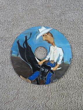 Hand-Painted Rodeo Cowboy Art Disc in Blue, Black, White